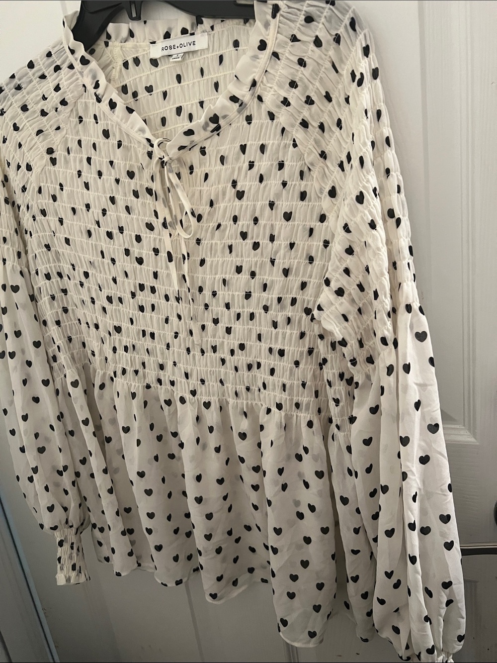 Rose & Olive Cream Smocked Heart-Print Blouse with Tie Neck